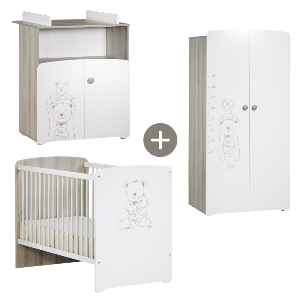 Chambre trio lit et Commode et Armoire en bois blanc