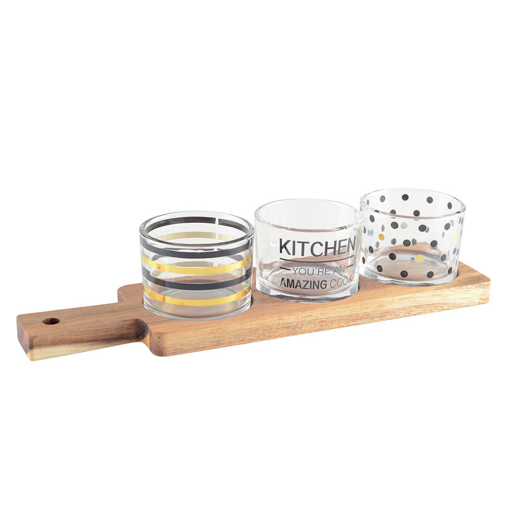 set de aperitivo de 3 vasos con bandeja de madera 295x8x61cm