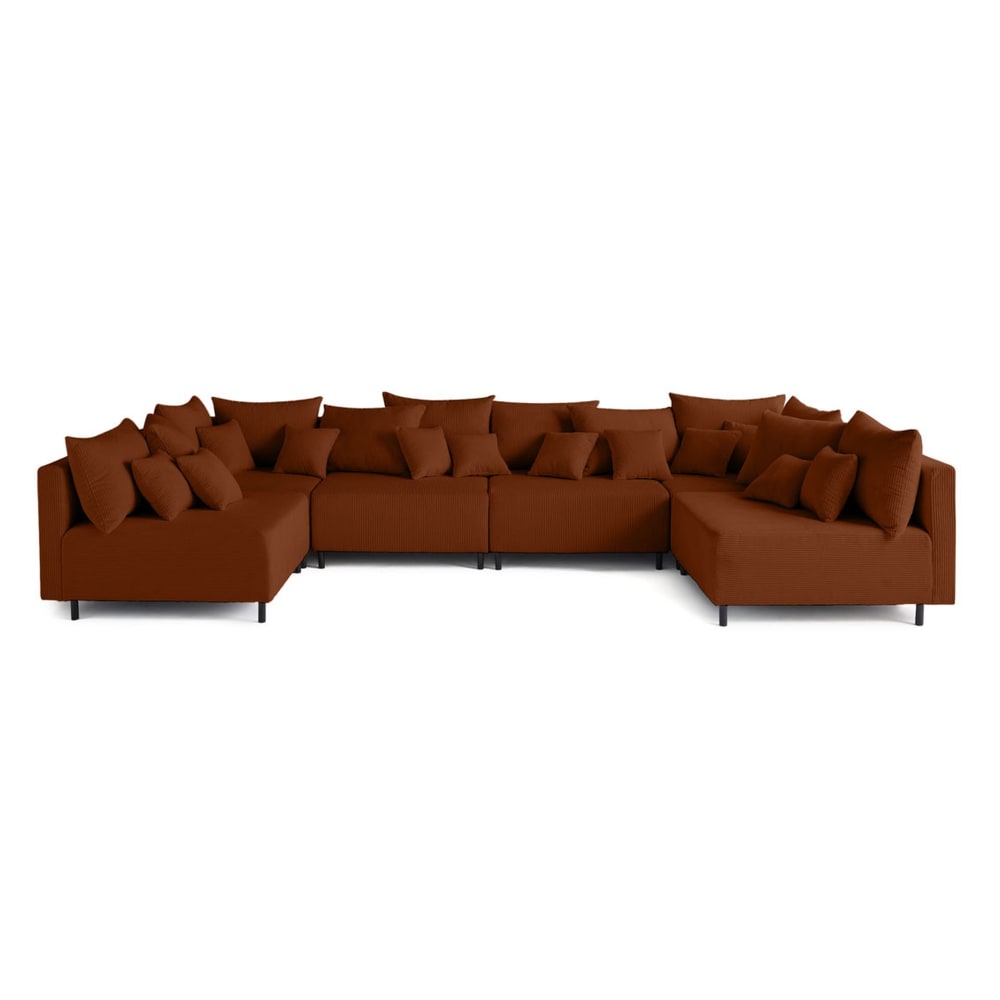 Canapé modulable 6 places en u en velours côtelé terracotta