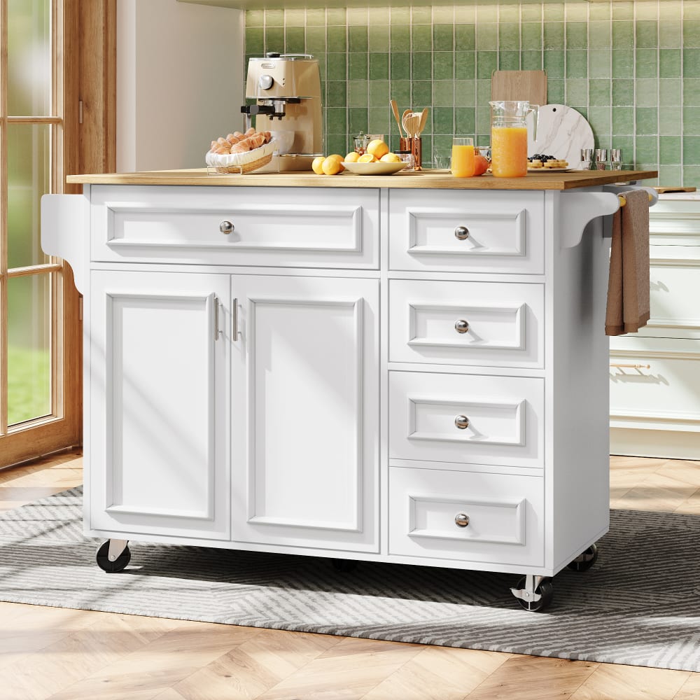 Küchen-Sideboard mit Holzarbeitsplatte und Schubladen, Weiß -