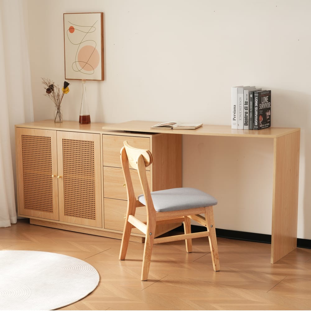 Bureau d'angle modulable plateau pivotant à 360° effet bois clair