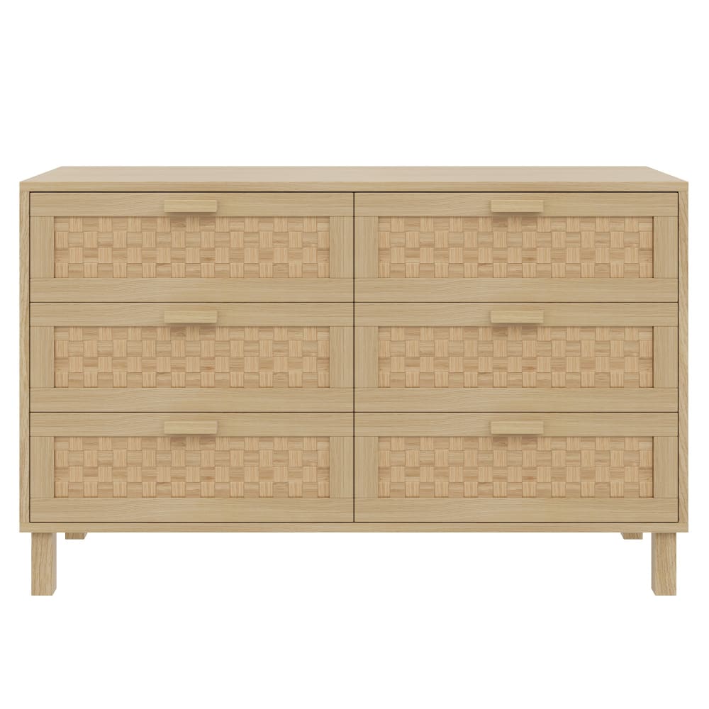 Buffet 6 tiroirs en bois clair avec façades tressées géométriques