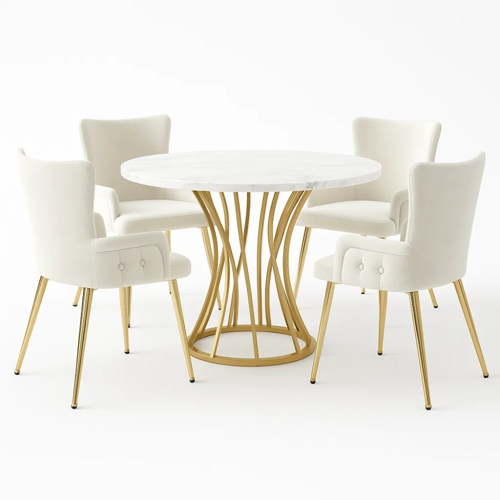 Ensemble table ronde marbre blanc doré avec 4 chaises beige