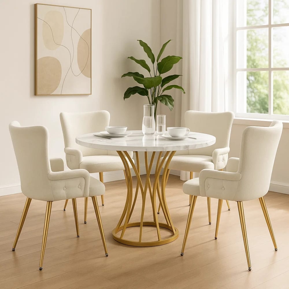 Ensemble table ronde marbre blanc doré avec 4 chaises beige