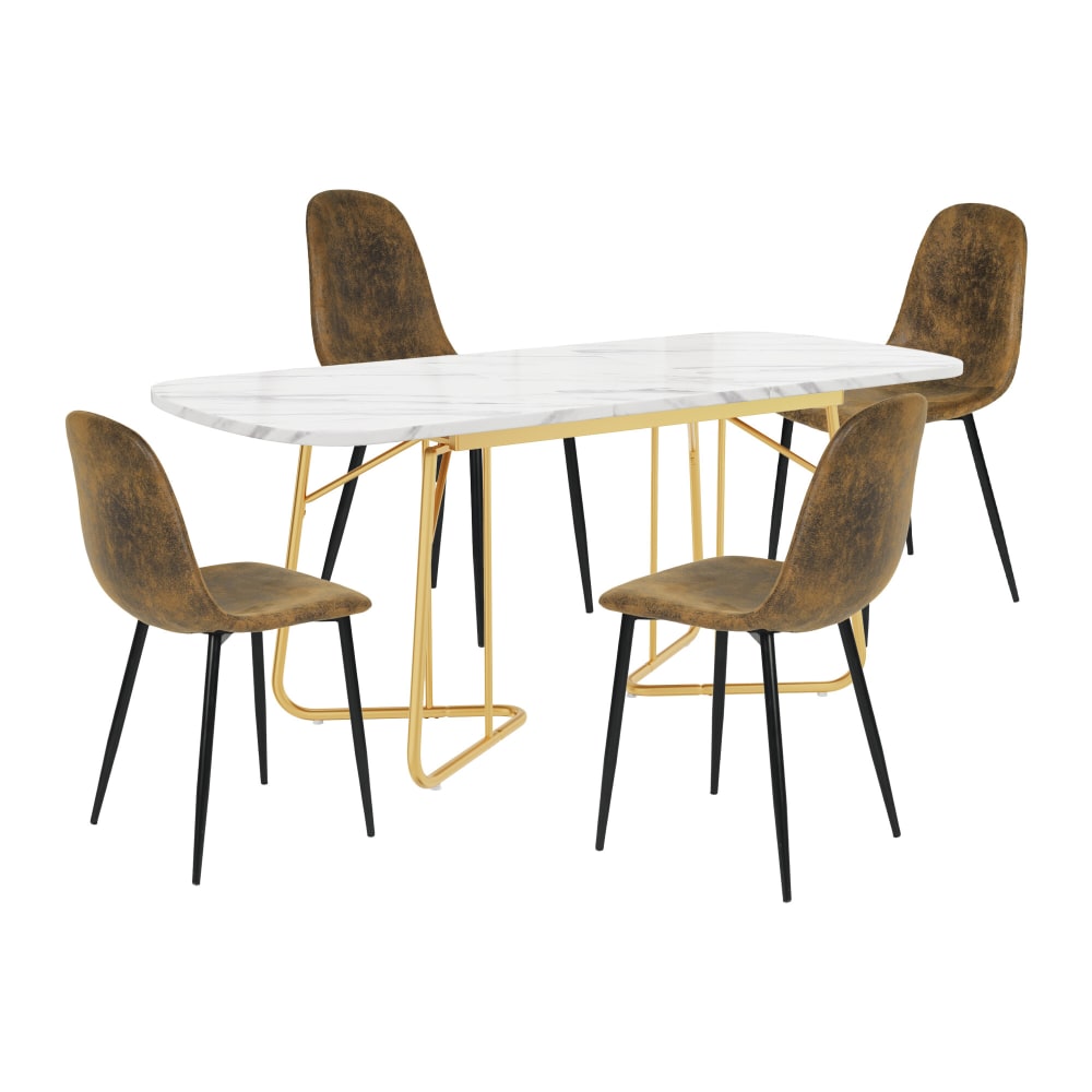 Ensemble table à manger marbre blanc doré avec 4 chaises brun