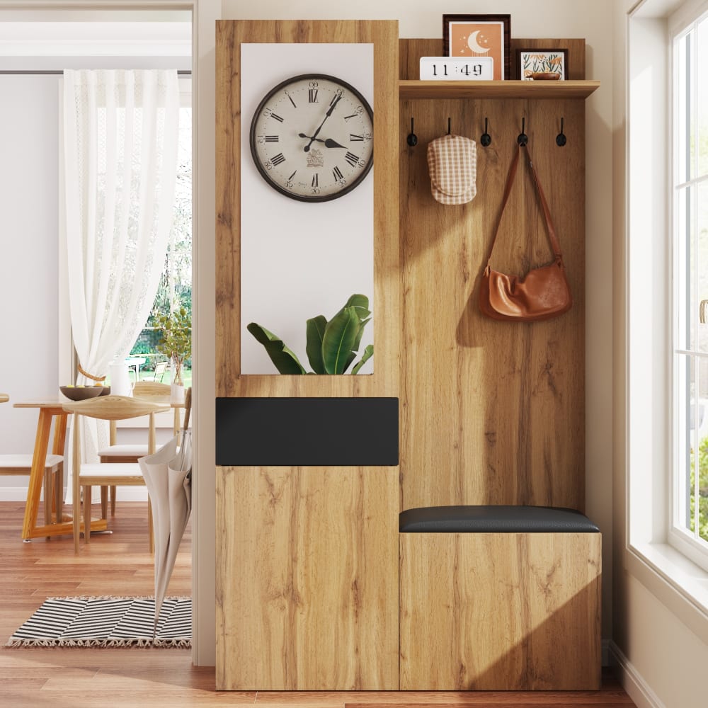 Eingangsschrank aus Holz mit Spiegel, Haken und Bank,Beige -
