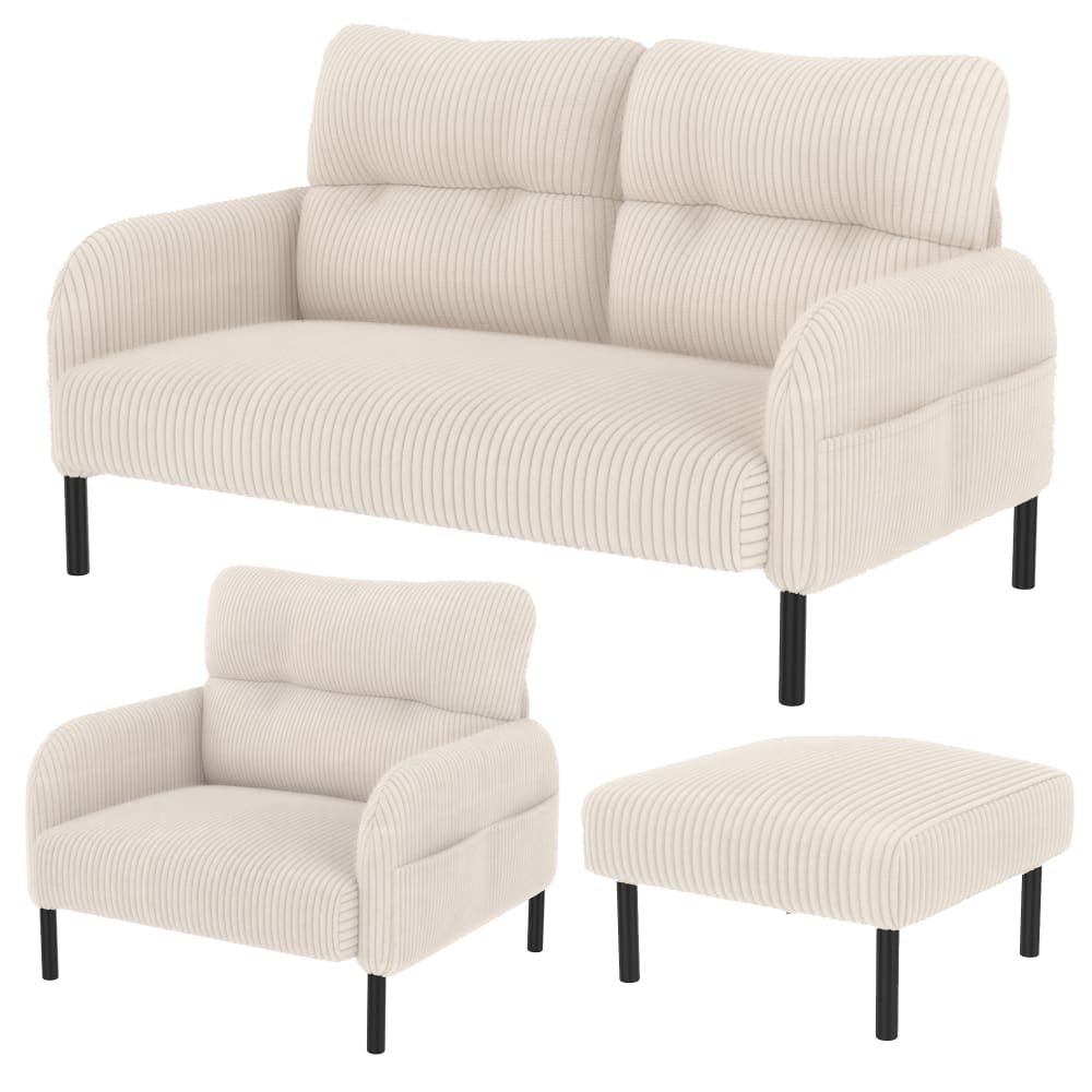 Ensemble canapé 3 pièces en tissu côtelé beige