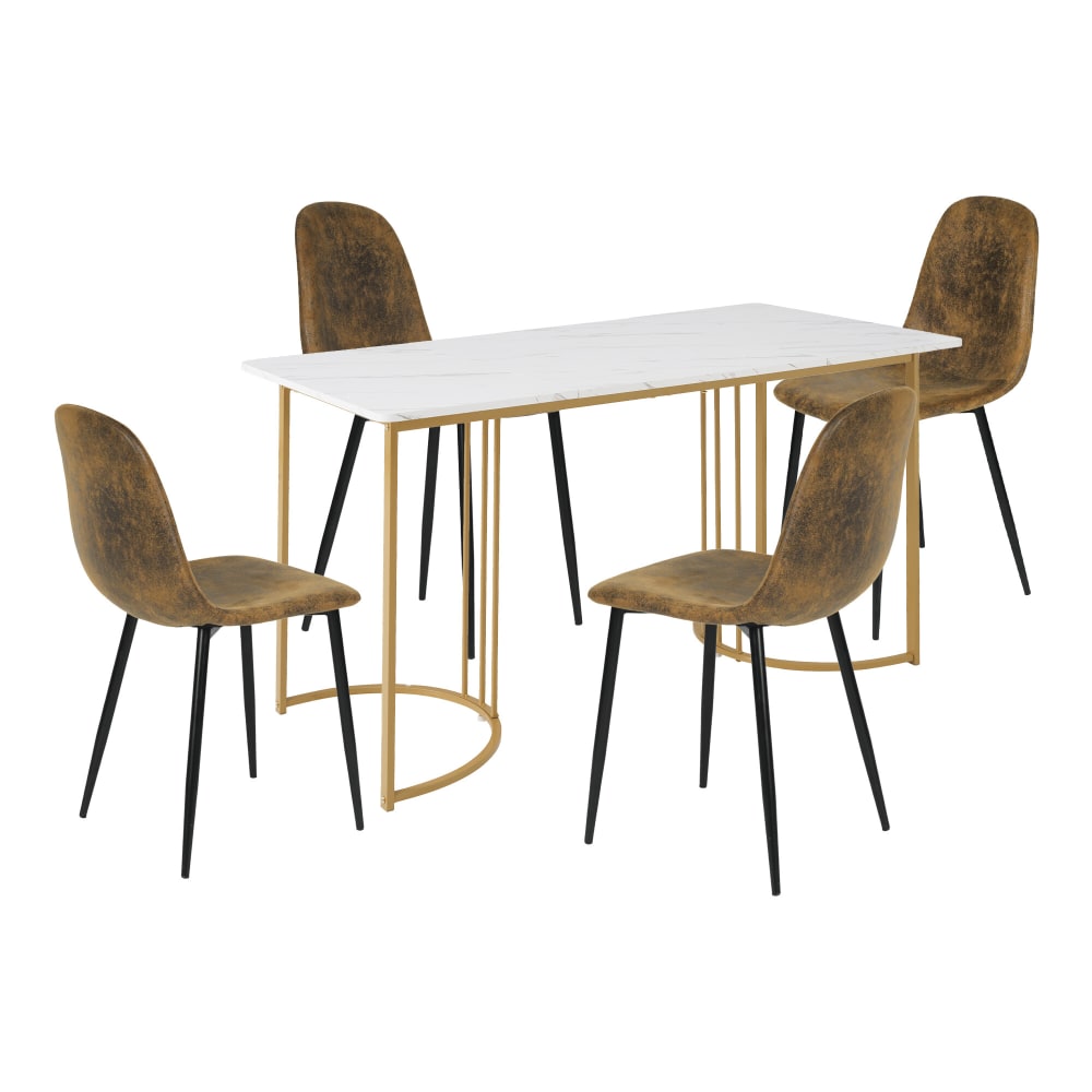 Ensemble table à manger marbre blanc doré avec 4 chaises brun