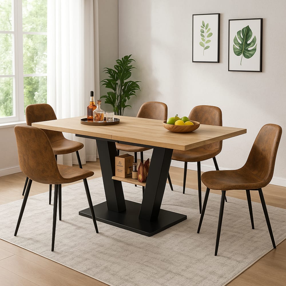 Ensemble table à manger carrée bois et métal avec 4 chaises brun