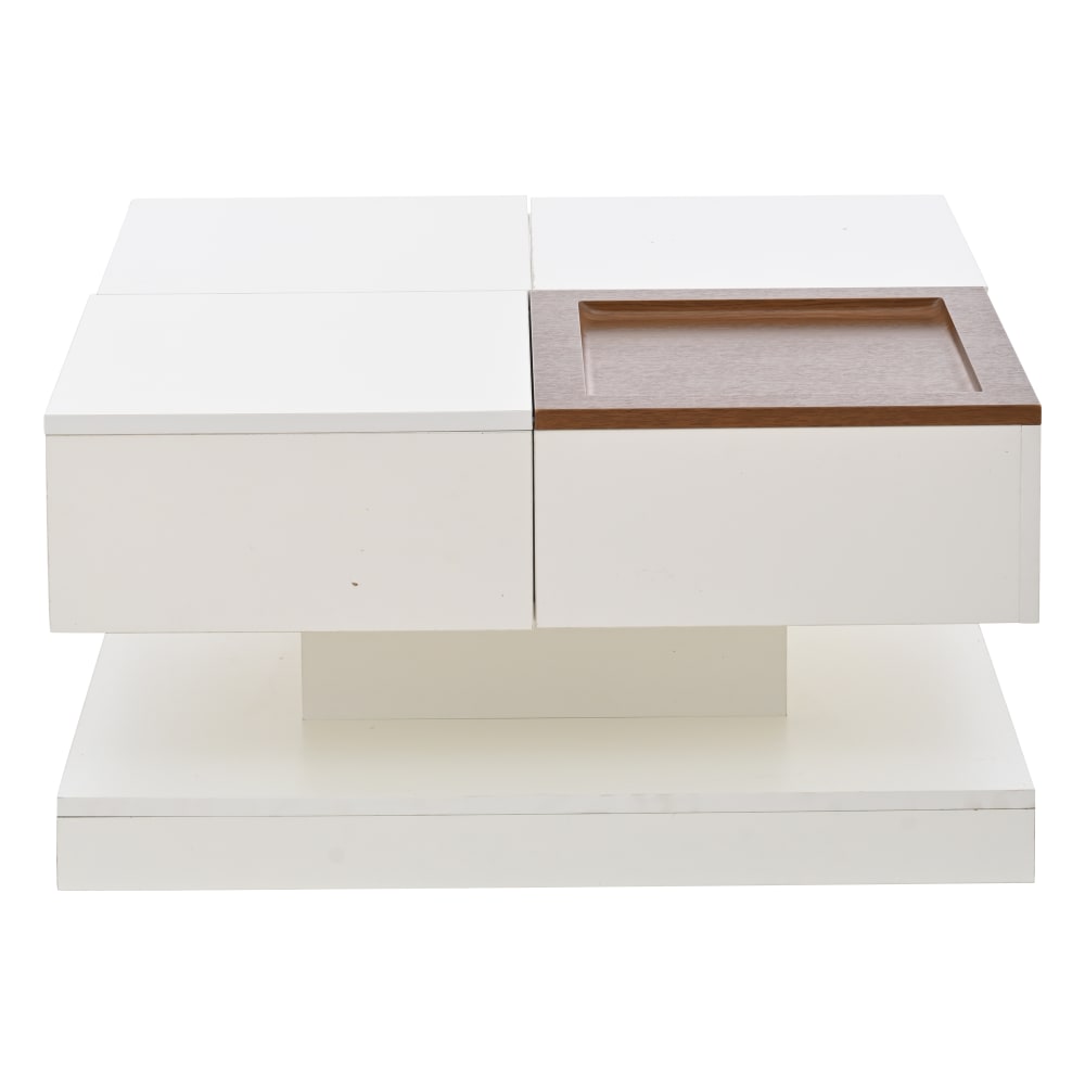 Table basse carrée blanche avec plateau design et détail bois