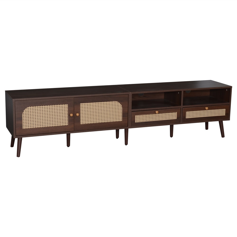 Meuble TV en bois foncé avec tiroirs en cannage et niches ouvertes
