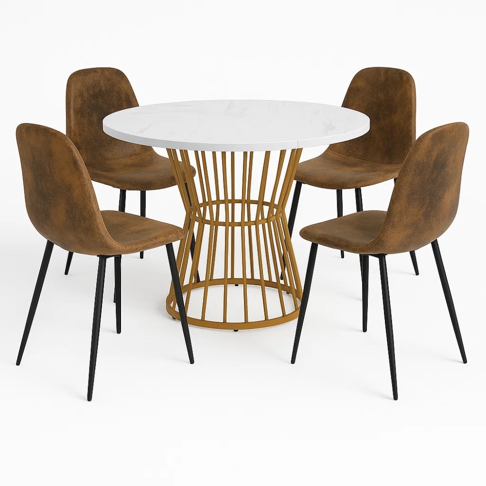 Ensemble table ronde marbre blanc doré avec 4 chaises brun