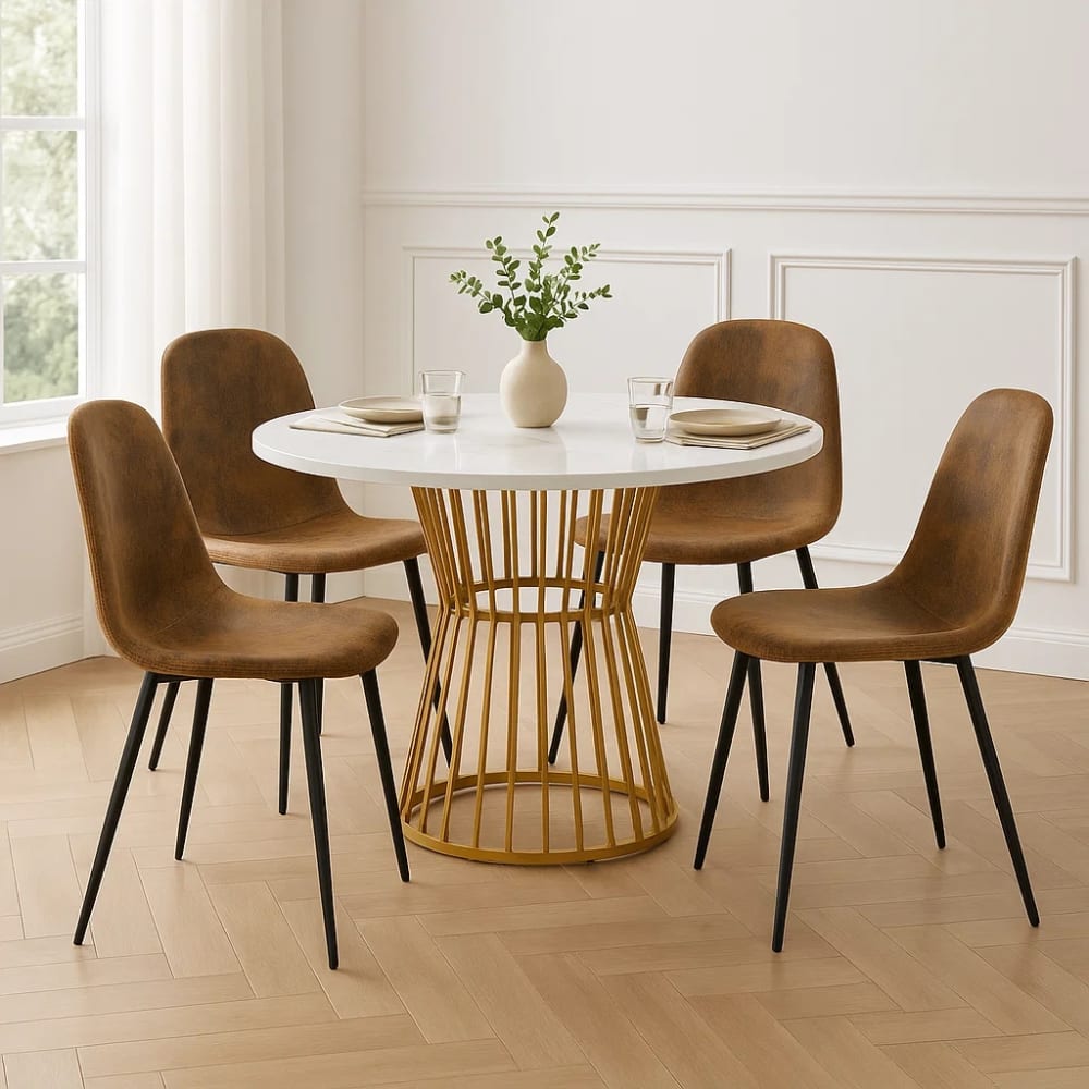 Rundes Tischset aus weißgoldenem Marmor mit 4 Stühlen - Maisons