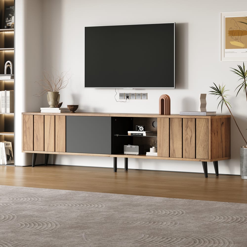 Meuble TV effet bois et noir étagère en verre trempé