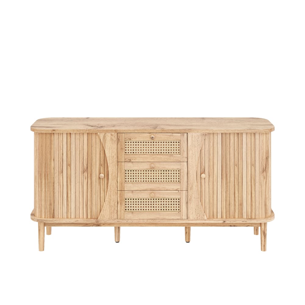Buffet en bois clair avec portes arrondies et tiroirs en cannage