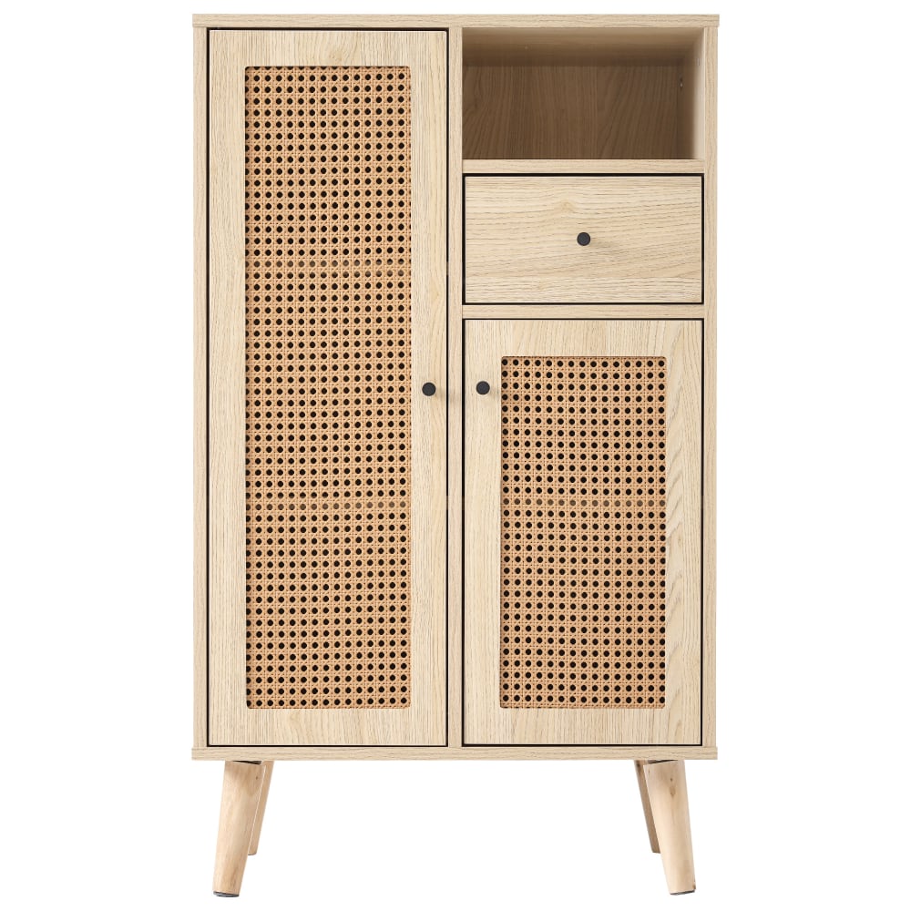 Buffet effet chêne avec 2 portes en tissage rotin et 1 tiroir