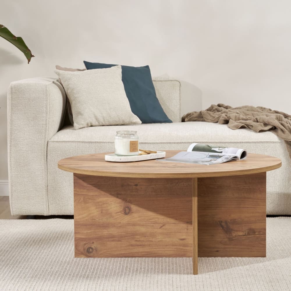 Table basse avec plateau arrondi L90 cm - Effet Pin Atlantique