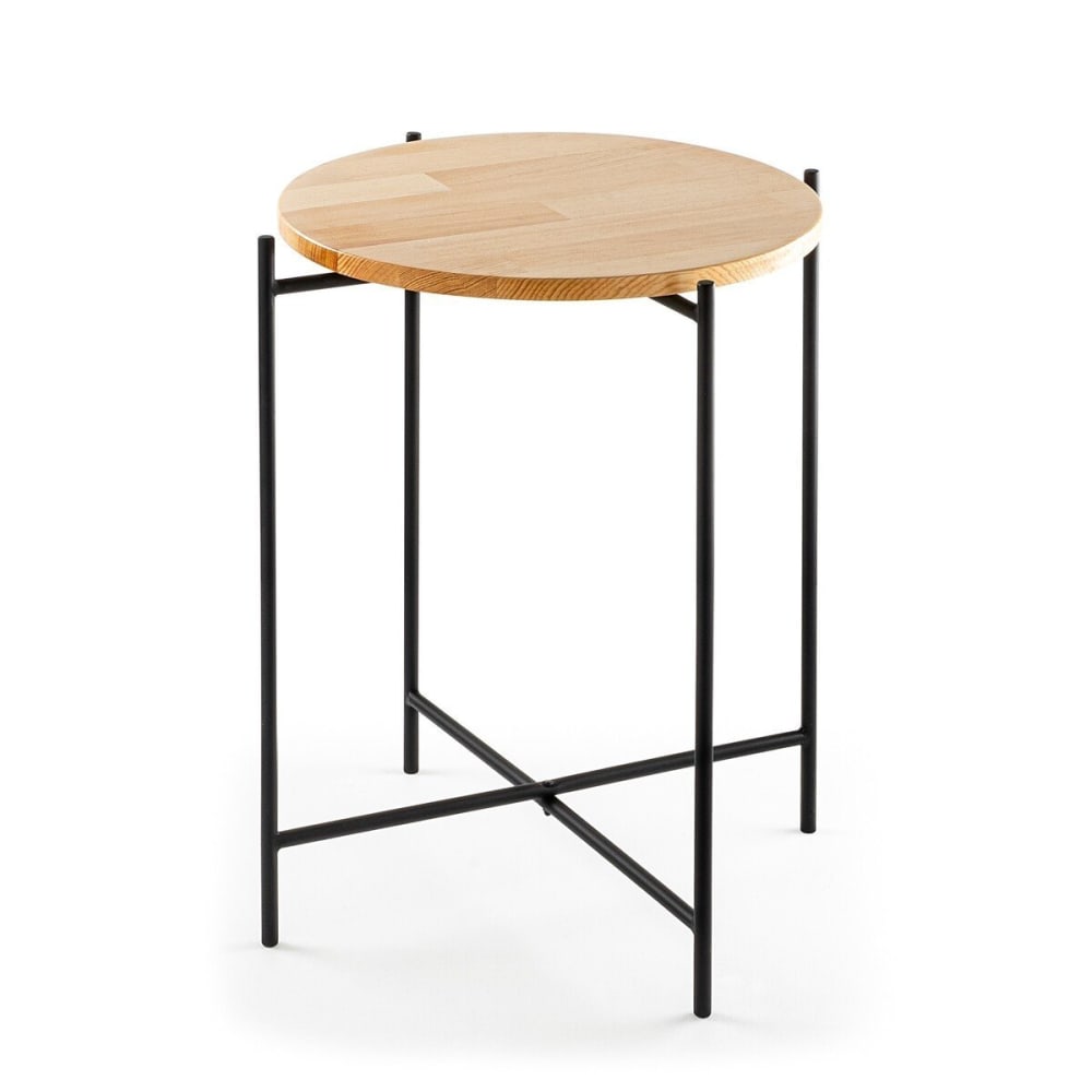 Bout de canapé avec plateau rond en Métal H56 cm - Effet Bois et noir