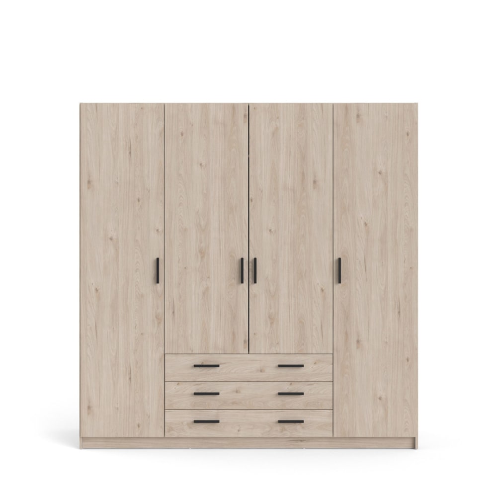 Armoire 4 portes et 3 tiroirs L195,5 cm - Effet Bois clair