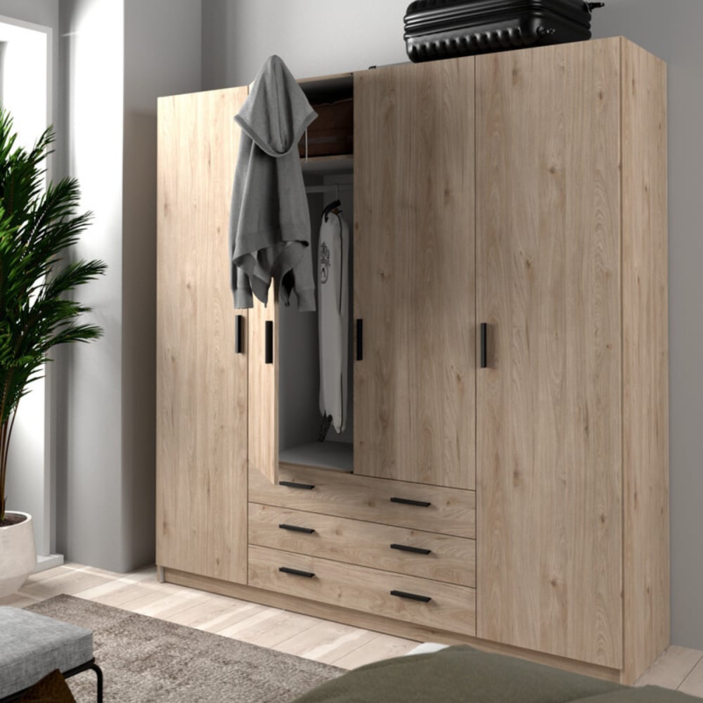 Armoire 4 portes et 3 tiroirs l195,5 cm - bois clair