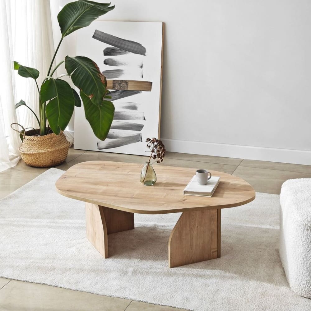 Table basse avec plateau de forme organique L105 cm - Effet Chêne