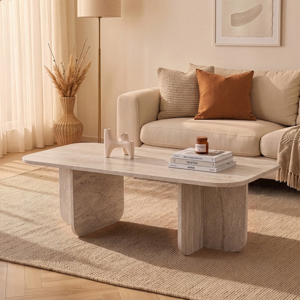Couchtisch mit abgerundeten Kanten L120 cm - Dekor Travertin -