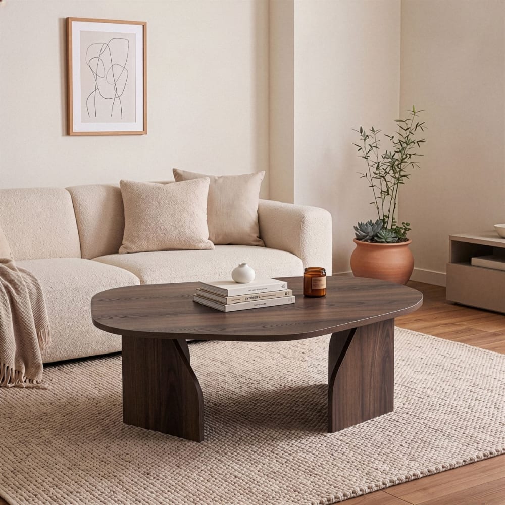 Couchtisch mit organisch geformter Platte L100 cm - Nussbaumdekor