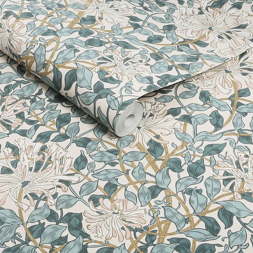Papier peint bleu grisé fleurs de chèvrefeuille 1005x52cm — vue 4