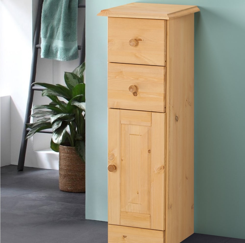 Badhochschrank mit 1 Tür 2 Schubladen aus Kiefer - Maisons Du