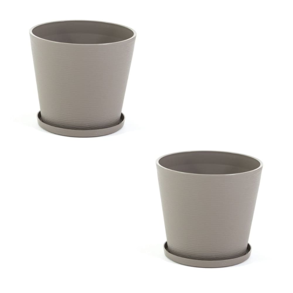 Lot de 2 pots ronds 38cm en polypropylène taupe avec soucoupe