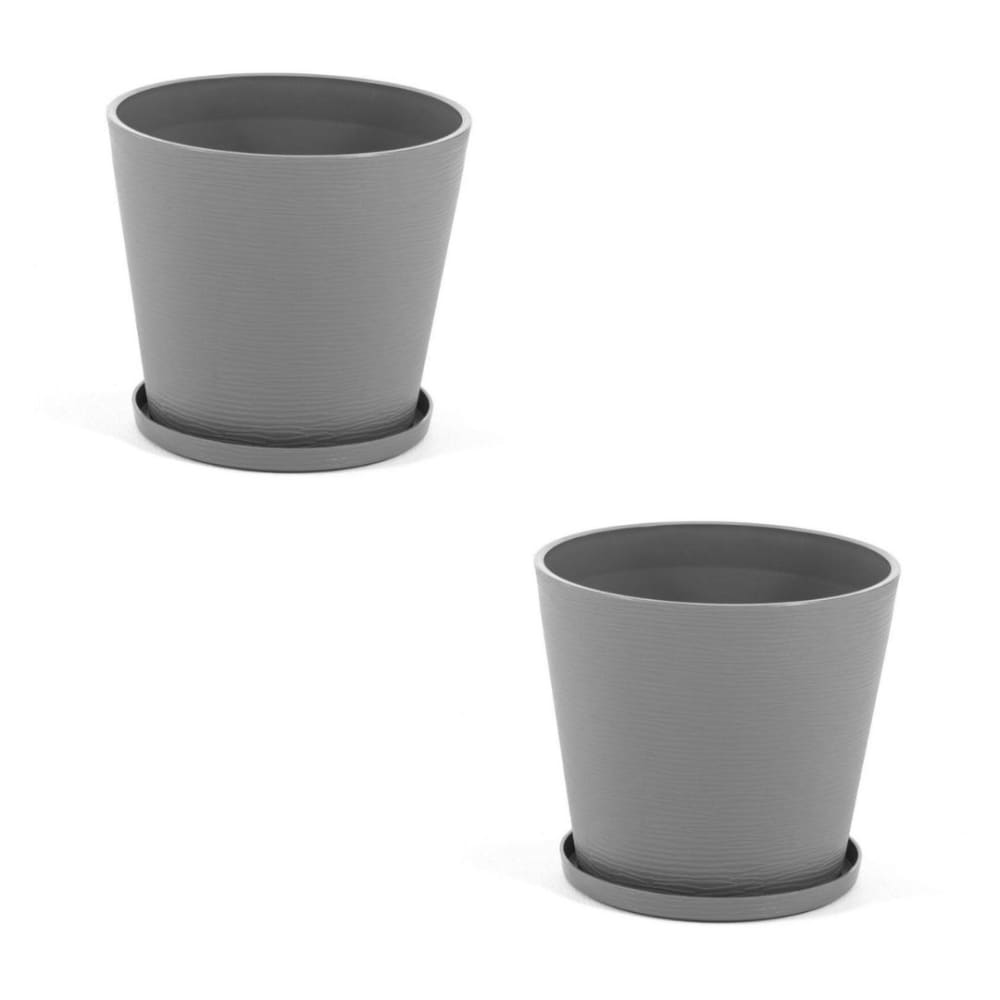 Lot de 2 pots ronds 38cm en polypropylène gris foncé avec soucoupe