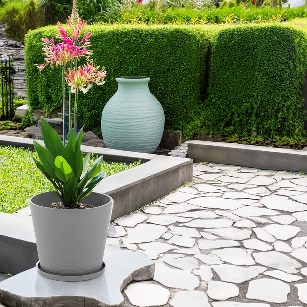 Lot de 2 pots ronds 38cm en polypropylène gris foncé avec soucoupe — vue 3