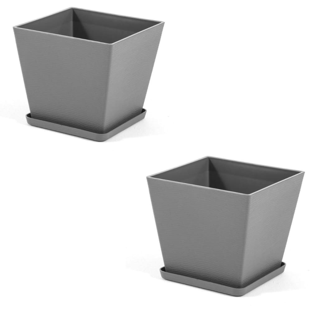 Lot de 2 pots carrés 38x38 cm en polypropylène gris avec soucoupe