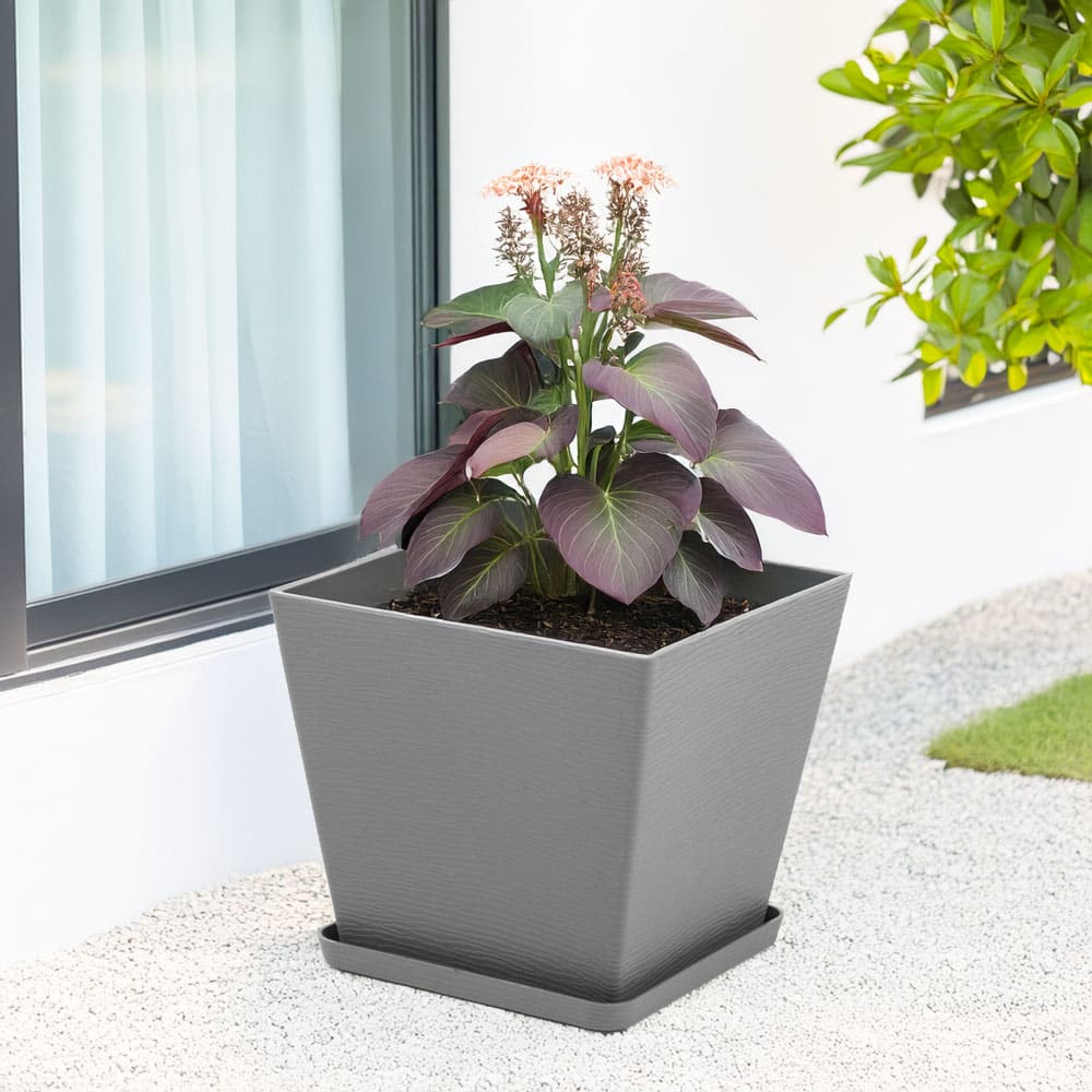 Lot de 2 pots carrés 38x38 cm en polypropylène gris avec soucoupe — vue 3