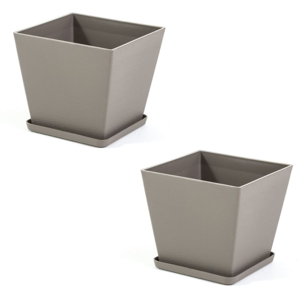 Lot de 2 pots carrés 38x38 cm en polypropylène taupe avec soucoupe