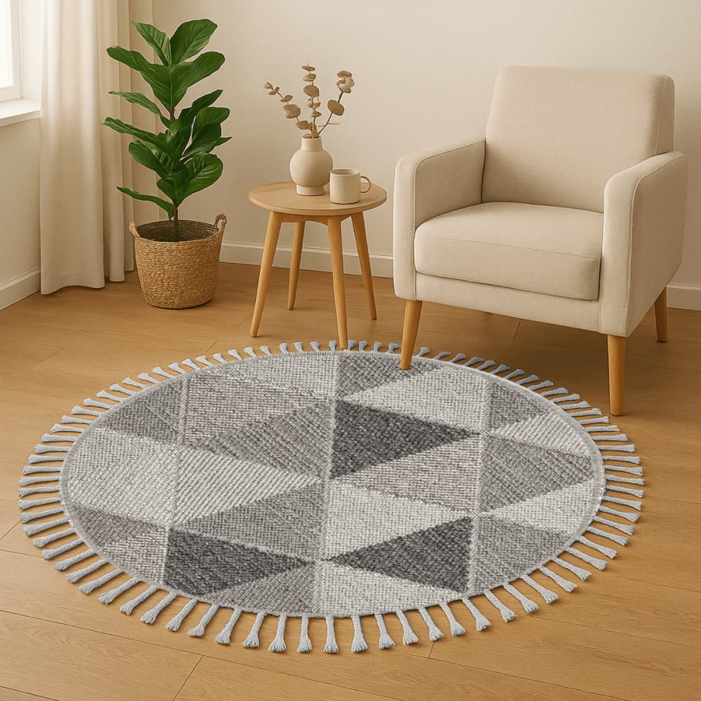 Tapis rond gris à motifs triangles gris et franges - 160 cm
