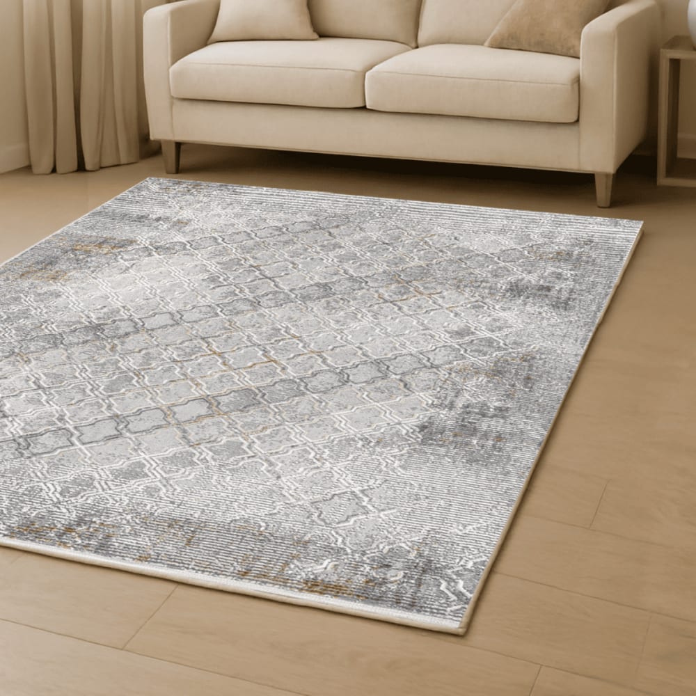 Tapis rectangulaire gris à motifs beiges et gris - 120x180 cm