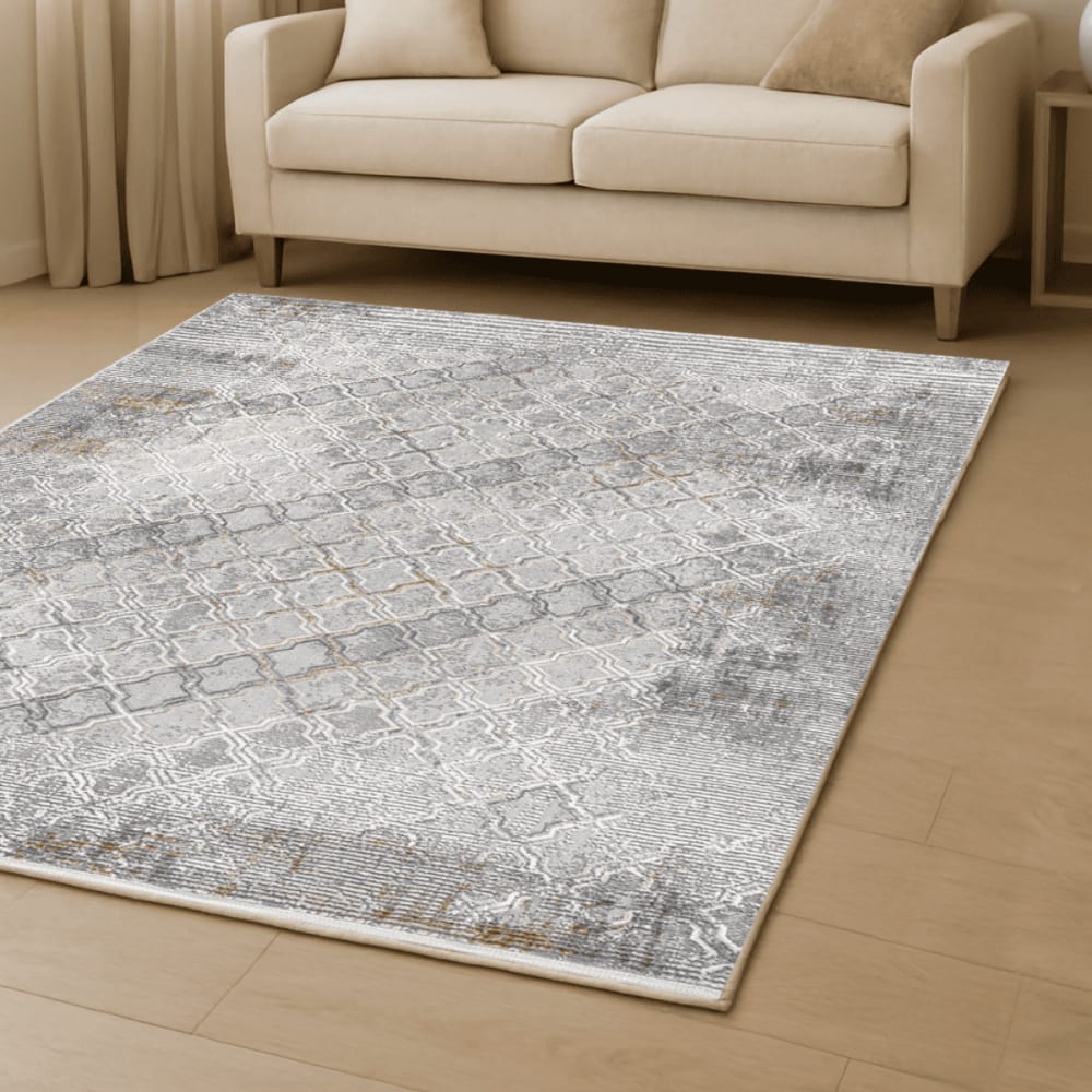 Tapis rectangulaire gris à motifs beiges et gris - 100x150 cm