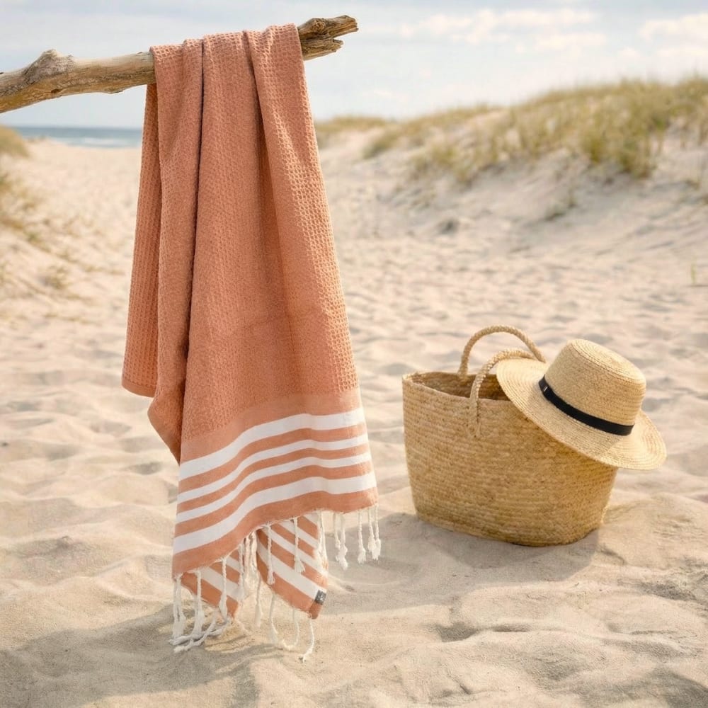 Fouta nid d'abeille coton 100x200 orange corail — vue 4