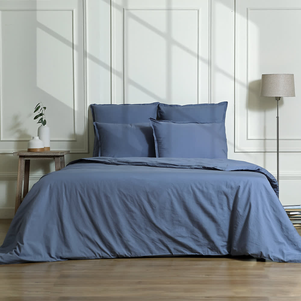 Parure + taies 50x70 percale de coton bleu denim 240x220