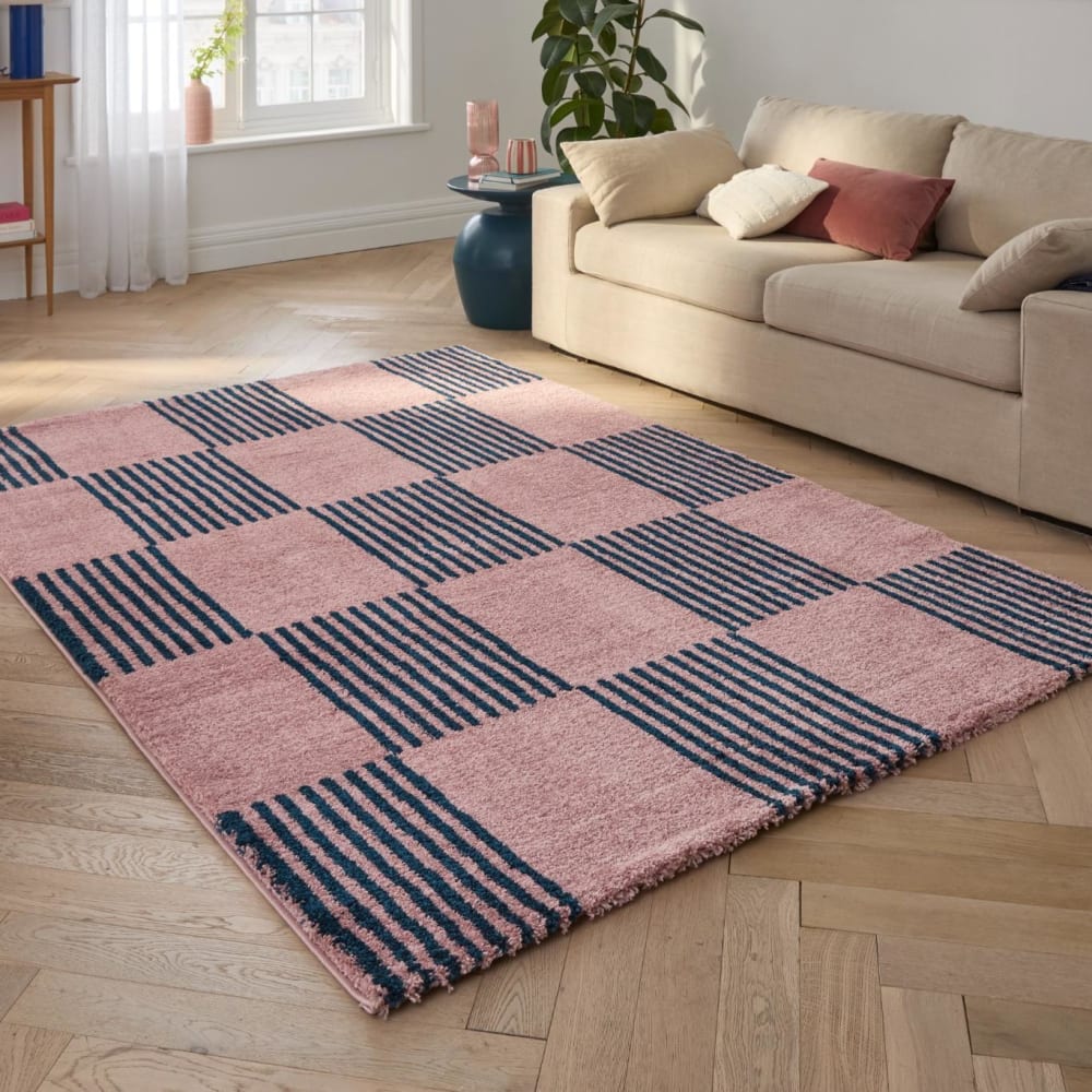 Tapis vintage style année 70 damier rayures bleu - 80x140 — vue 3