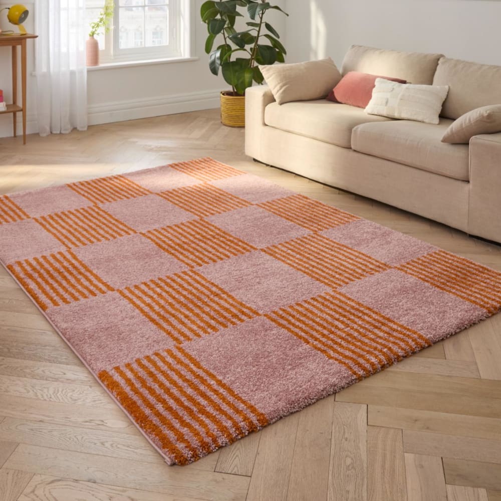 Tapis vintage style année 70 damier rayures orange - 120x160 — vue 3