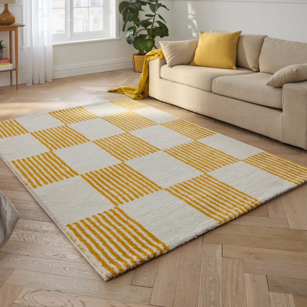 Tapis vintage style année 70 damier rayures jaune - 160x230 — vue 3