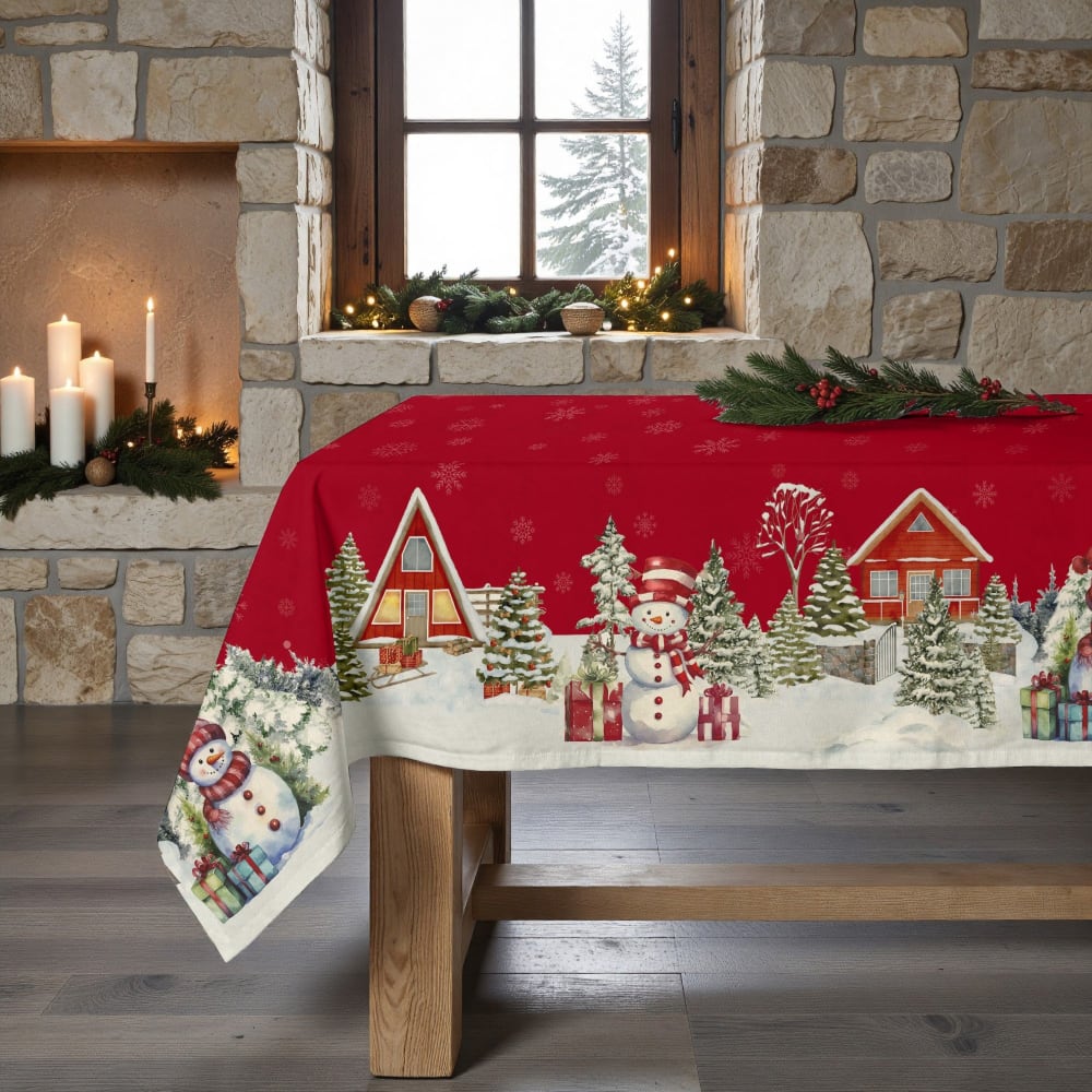 Nappe de noël anti-taches 100% coton rouge 300x155 cm