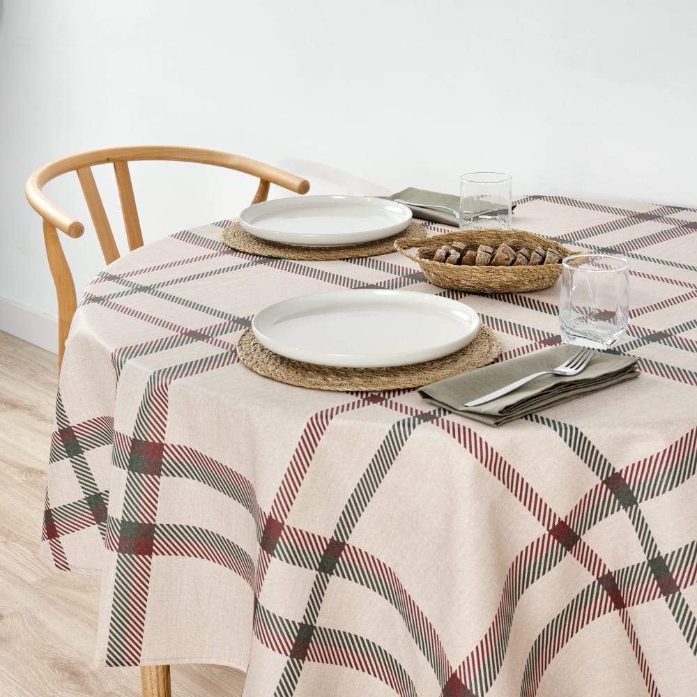 Nappe de noël ronde anti-taches 100% coton beige diamètre 155 cm
