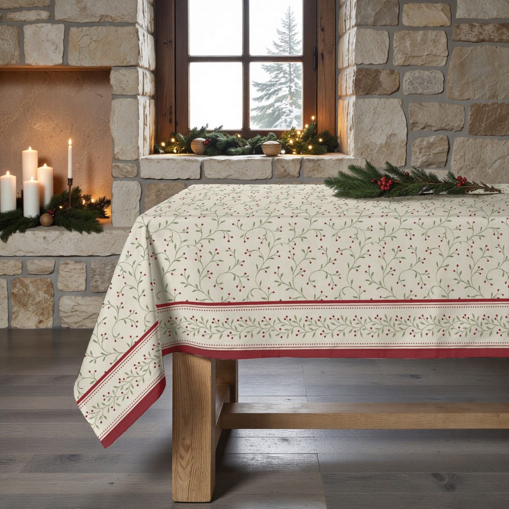 Nappe de Noël anti-taches 100% coton beige 200x155 cm