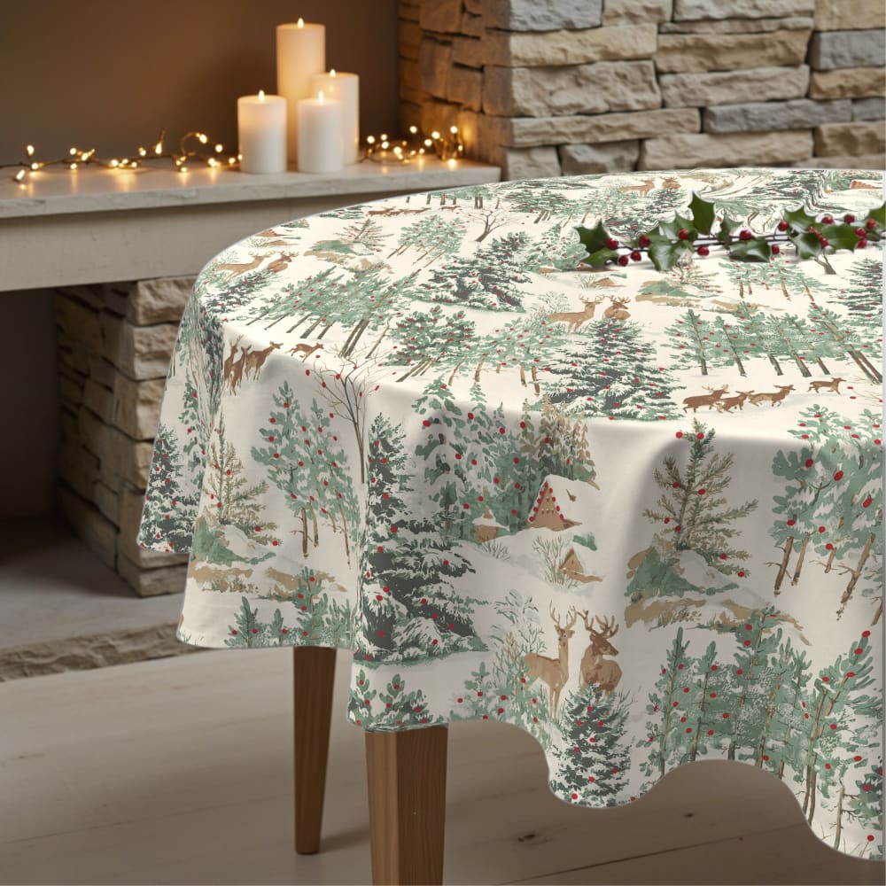 Nappe de noël ronde anti-taches 100% coton multicolore diamètre 155 cm