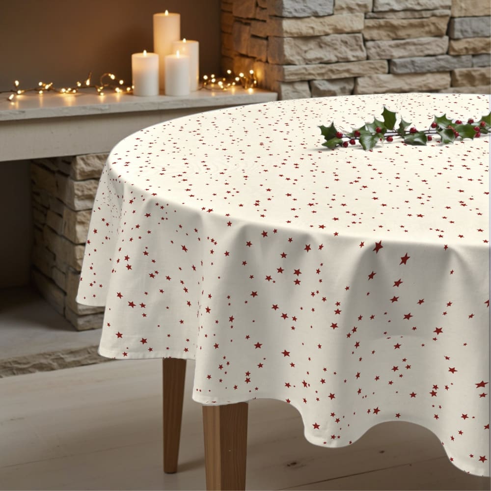 Nappe de Noël ronde anti-taches 100% coton beige diamètre 120 cm