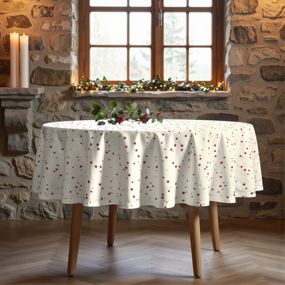 Nappe de Noël ronde anti-taches 100% coton beige diamètre 120 cm - Maisons du Monde