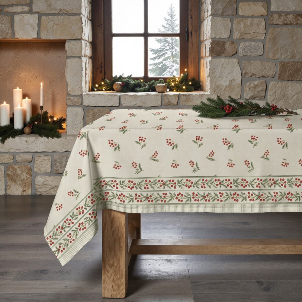 Nappe de Noël anti-taches 100% coton beige 200x155 cm